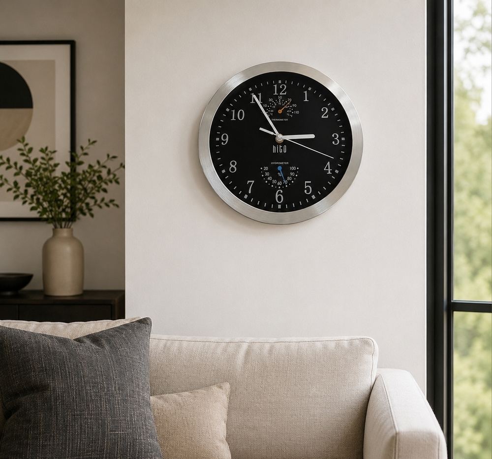 Hito Silent Wall Clock Thermometer Hygrometer 10" Silver Aluminum Frame New